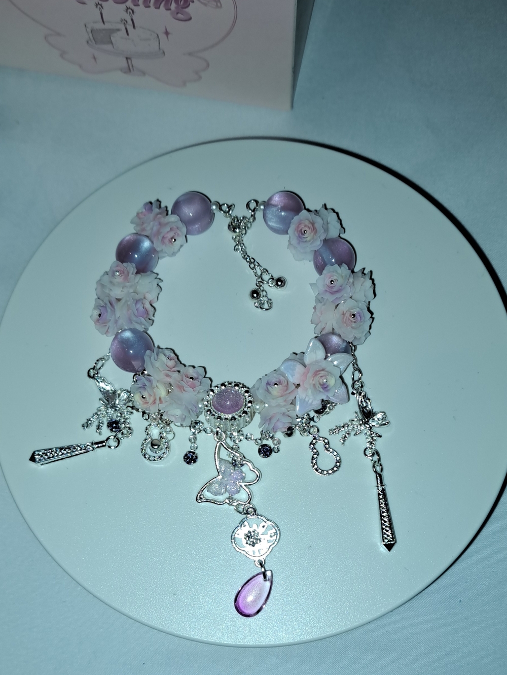 Delicate Pink Floral Charm Bracelet Necklace - Feminine Layered Jewelry